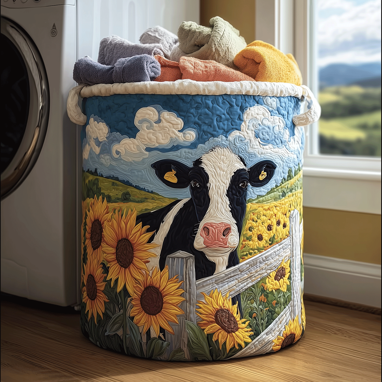 Farmhouse Cow Quilted Laundry Basket Anniversary Merch Gift