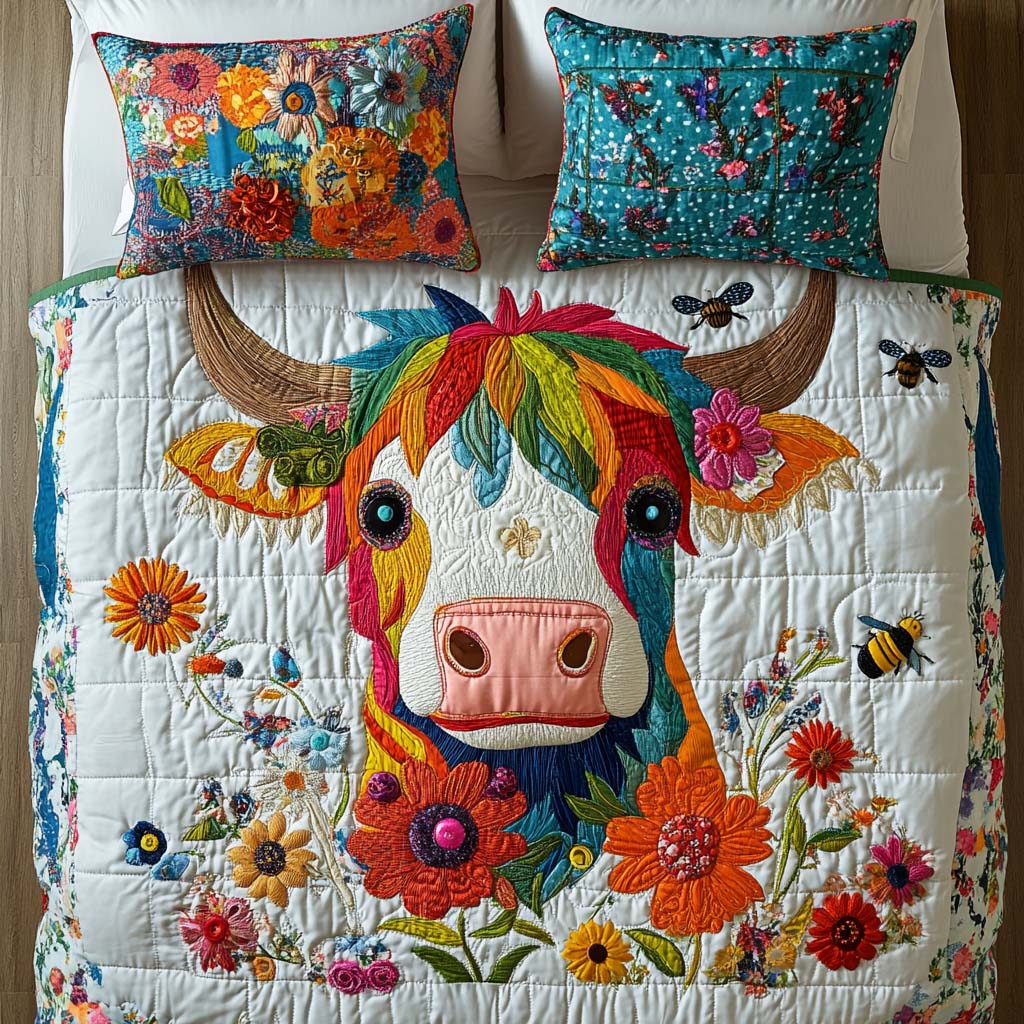Farmhouse Highland Love Quilted Bedding Set Aesthetic Room Decor Highland Cow Merchandise