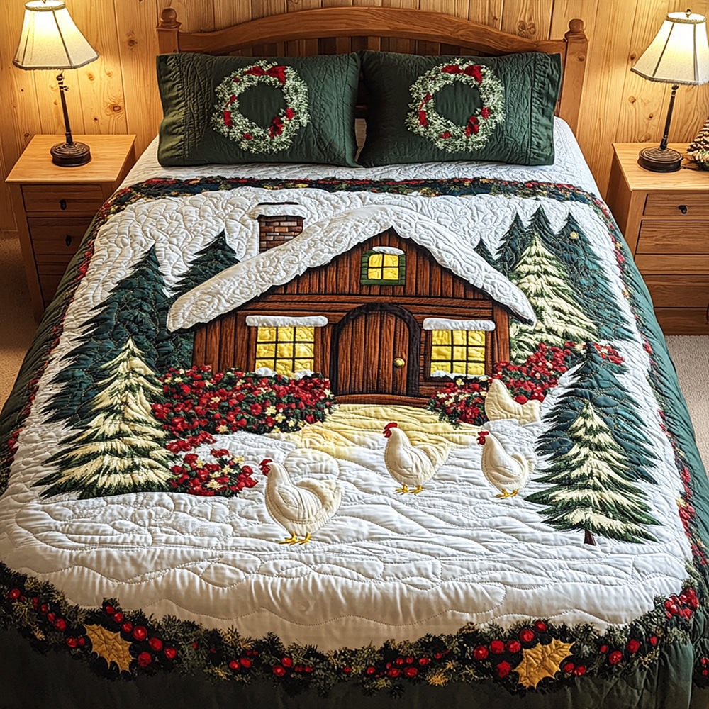 Farmhouse In Snow Quilt Bed Set - Gifts For Chicken Lovers - Funny Stocking Stuffers For Adults