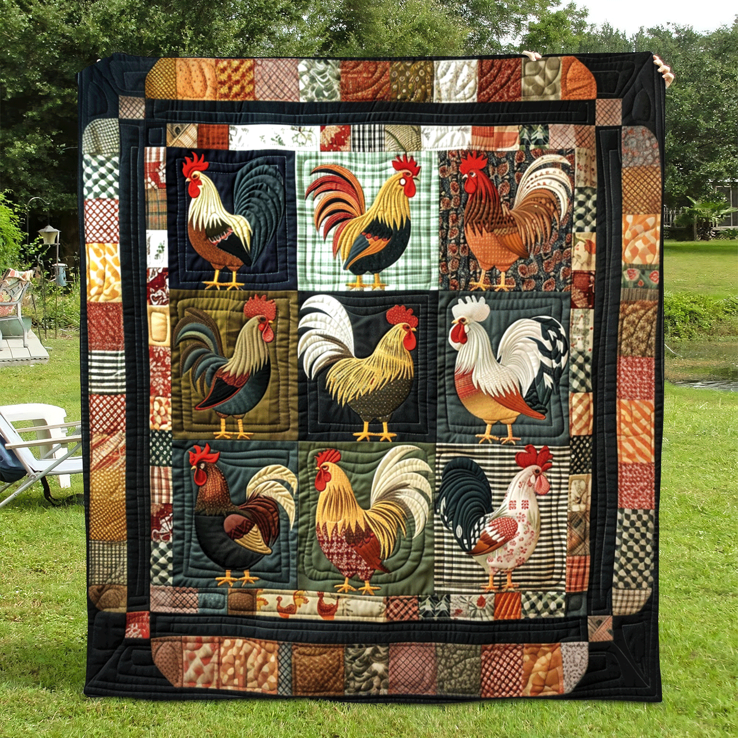 Farmhouse Patchwork Quilted Blanket Chicken Lover Presents
