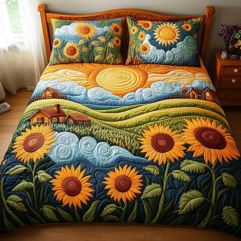 Farmhouse Sun Quilted Bedding Set Best Bedspread Set Sunflower Theme Gifts