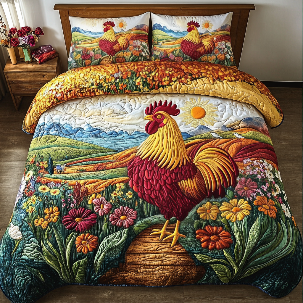 Farmhouse Sunrise Quilted Bedding Set Christmas Room Decor Ideas Gifts For Hen Lovers
