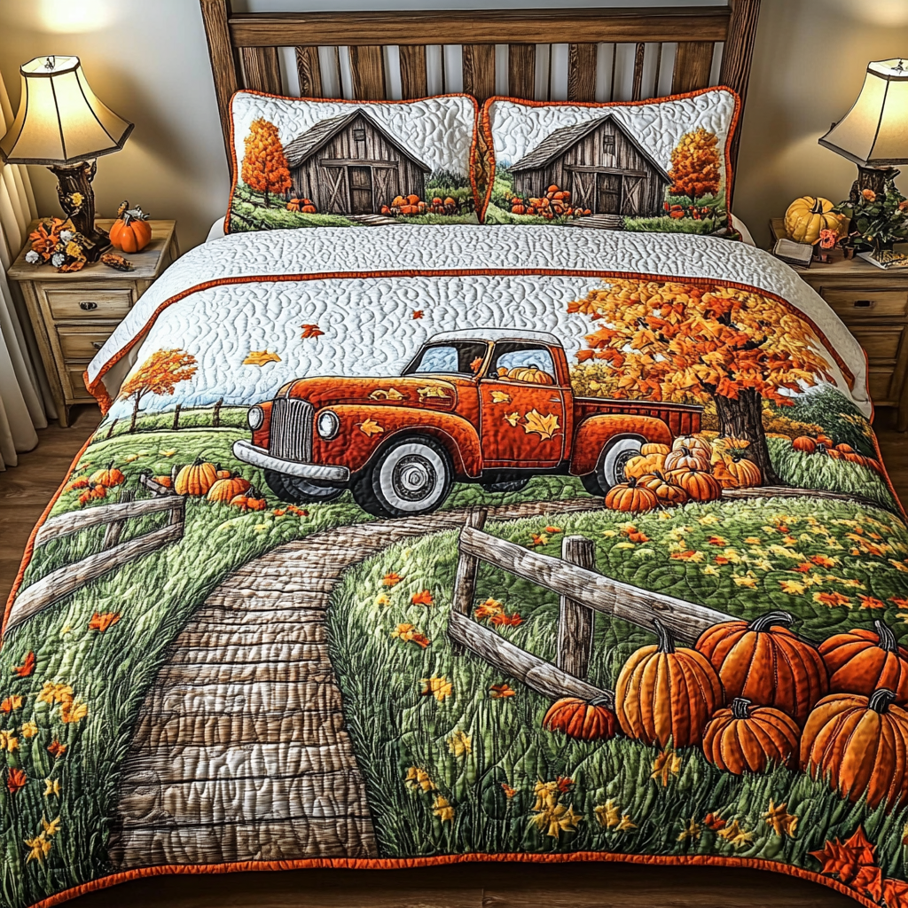 Farmhouse Truck Quilted Bedding Set Cute Room Decor Cozy Fall Gift Ideas