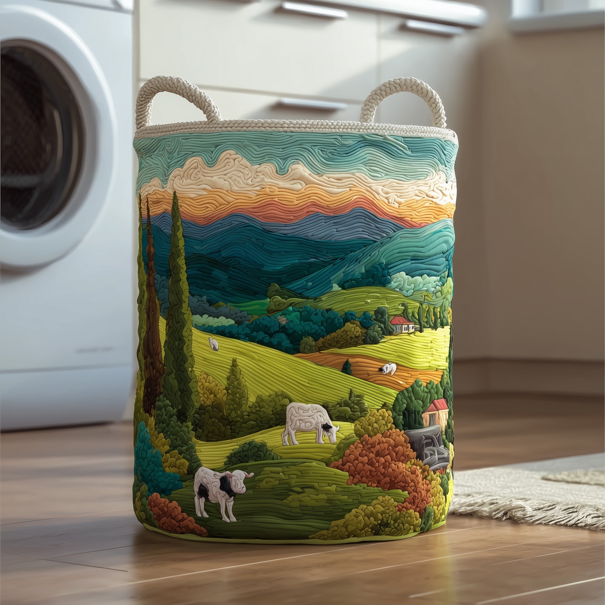 Farmlife Quilted Laundry Basket Unique Green Present For Cow Enthusiasts