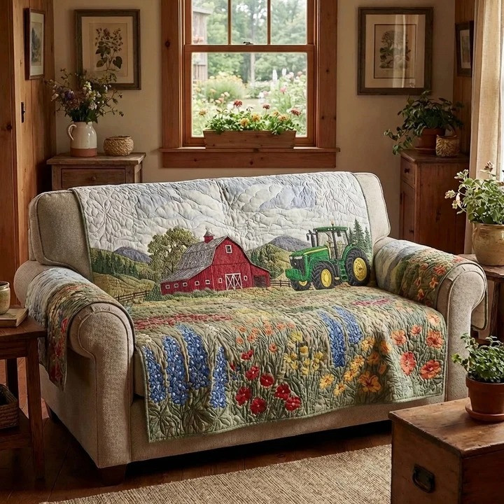 Farmstead Fields Quilted Sofa Cover Cat Lover Home Decor Gift For Cozy Living Room