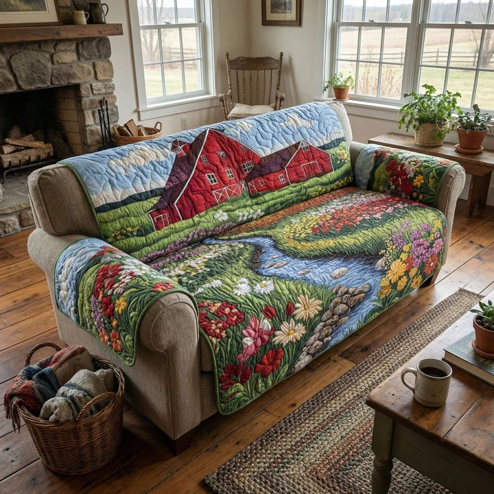 Farmstead Forever Quilted Sofa Cover Rustic Country Furniture Protector Best Gift For Farm Lovers