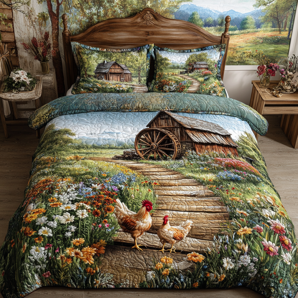 Farmyard Charm Quilted Bedding Set Aesthetic Room Decor Gifts With Chickens On Them