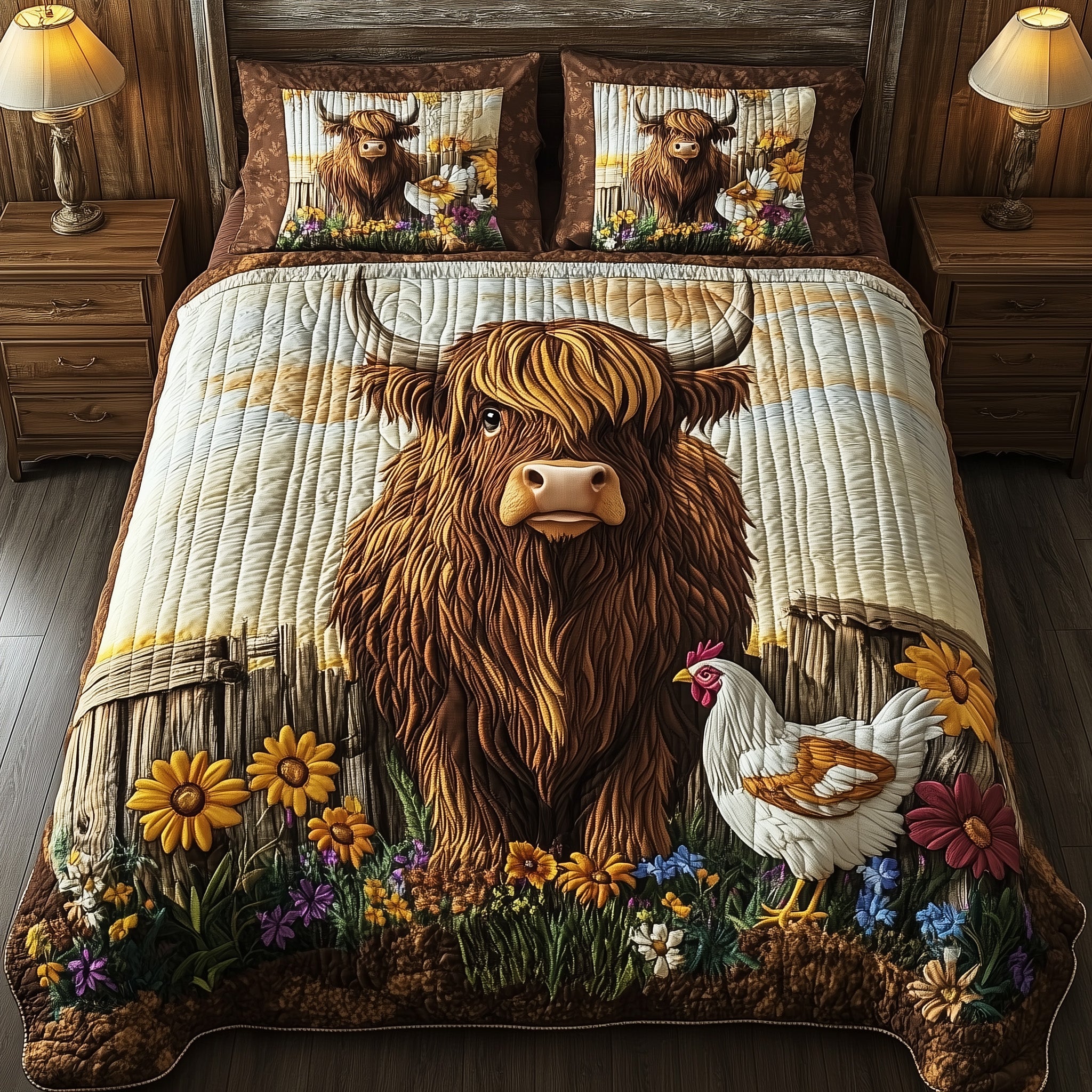 Farmyard Highland Cow Quilted Bedding Set Duvet Cover Merchandise Best Highland Cattle Gifts Items