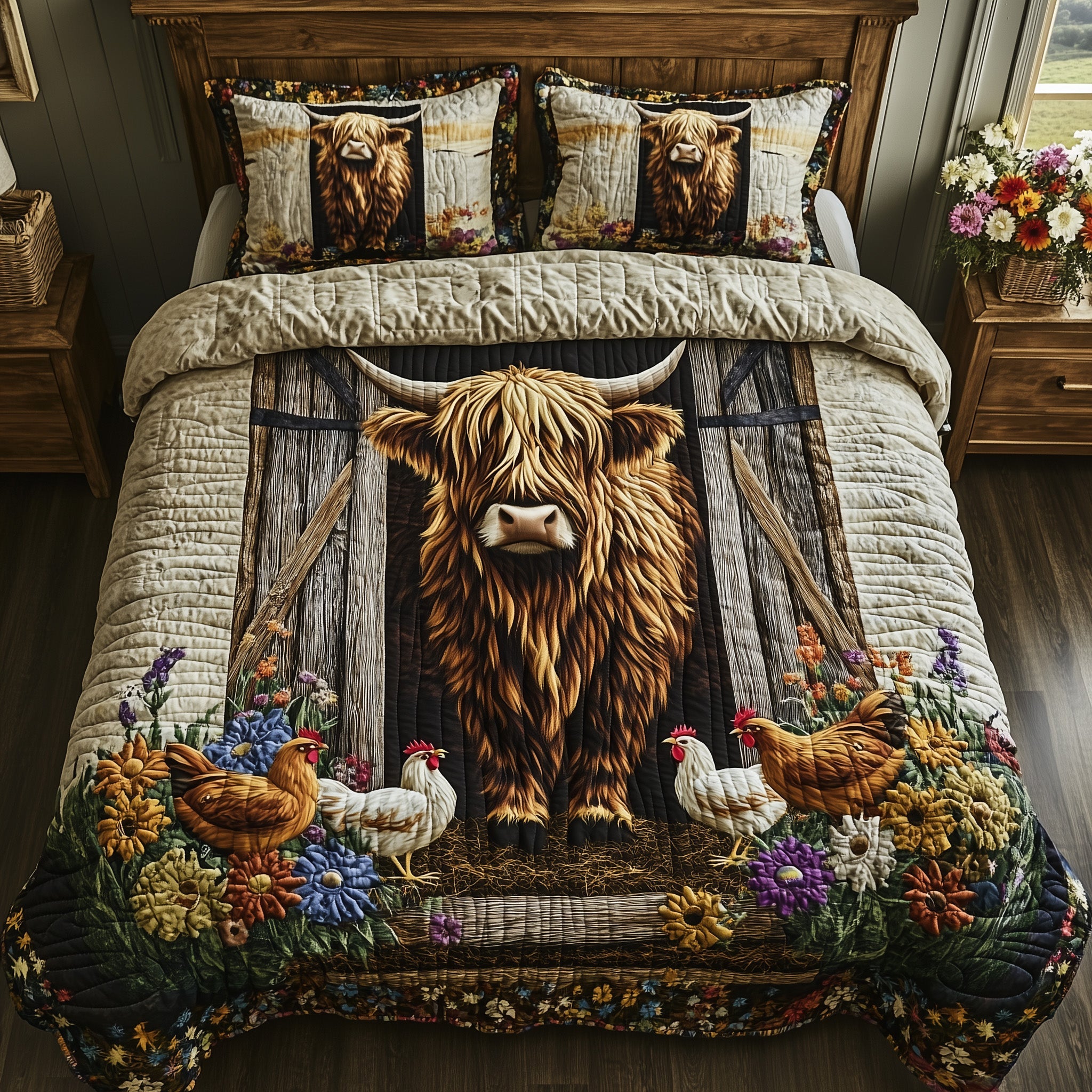 Farmyard Highland Cow Quilted Bedding Set Duvet Cover Merchandise Gifts For Highland Cow Lovers