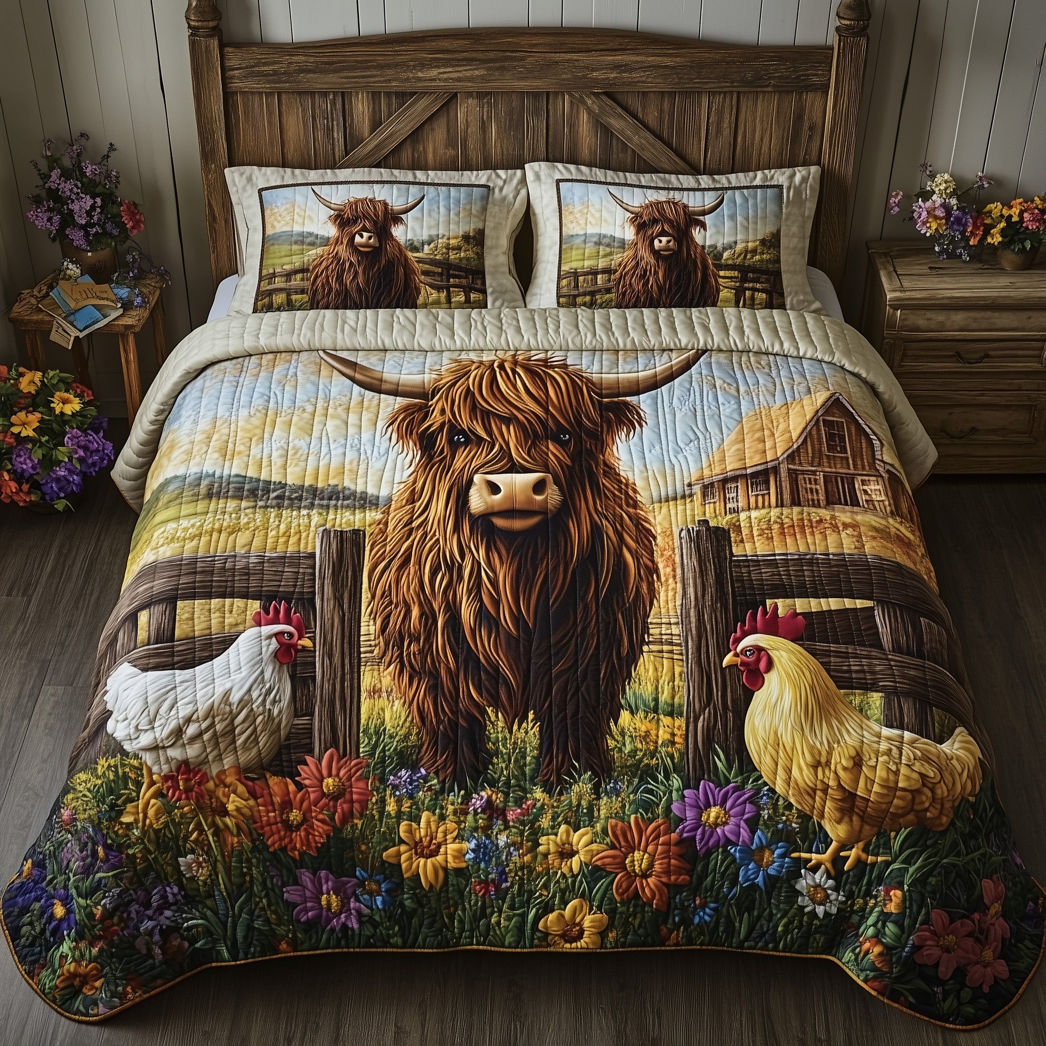 Farmyard Highland Cow Quilted Bedding Set Duvet Cover Merchandise Highland Cow Gift Ideas