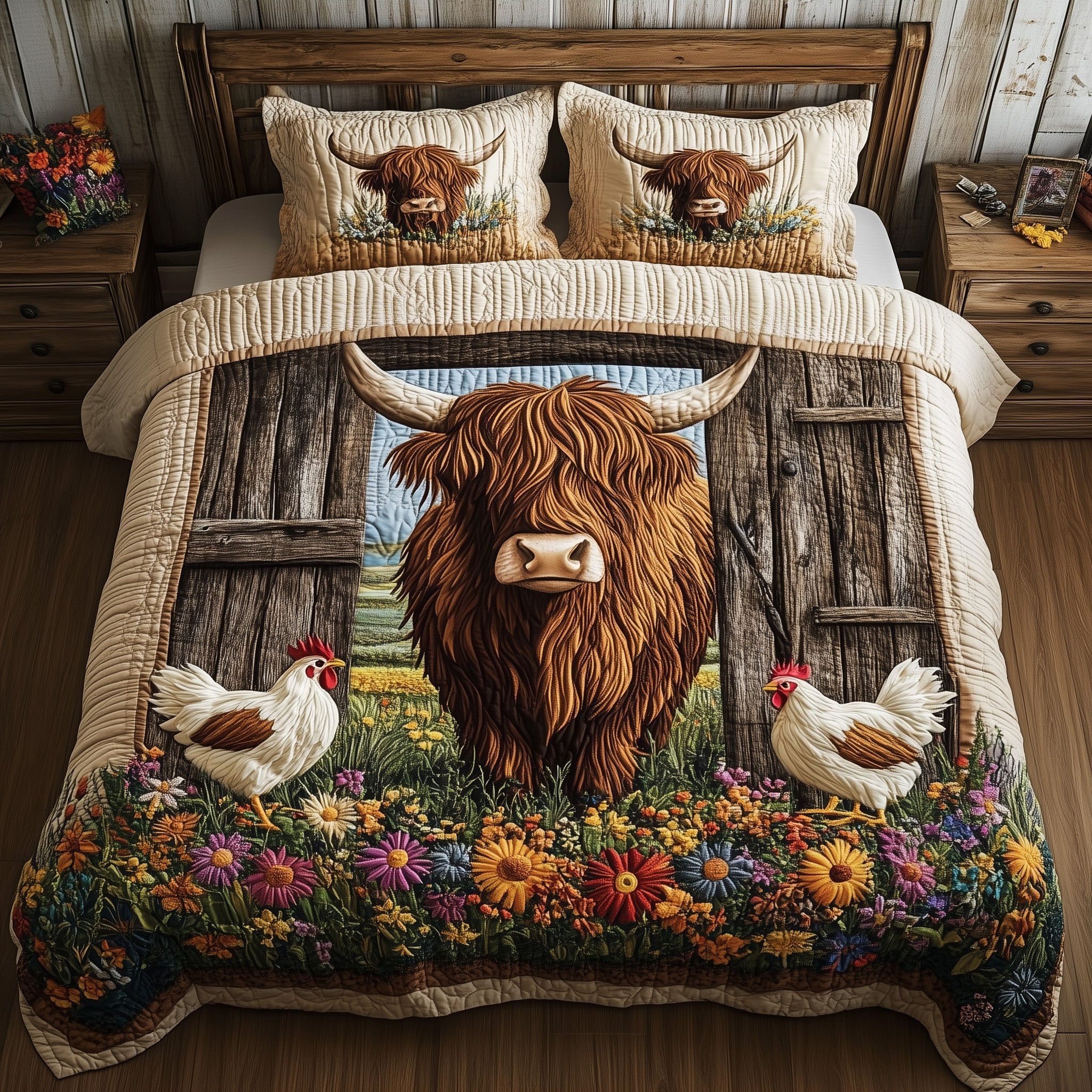 Farmyard Highland Cow Quilted Bedding Set Duvet Cover Merchandise Highland Cow Gifts For Her