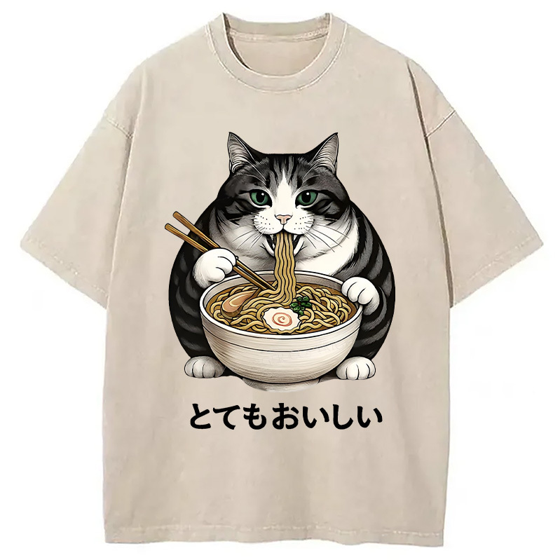 Fat Cat Eating Delicious Ramen Washed T-Shirt Unique Aesthetic Fashion Tee Gifts For BFF
