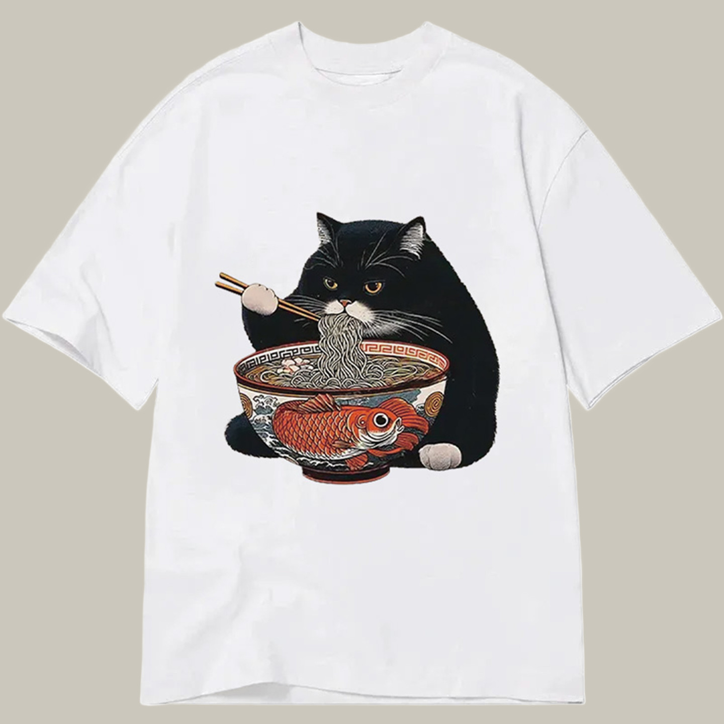 Fat Cat Eating Ramen Classic Shirt Cool Graphic T-Shirts Christmas Presents For Boyfriend