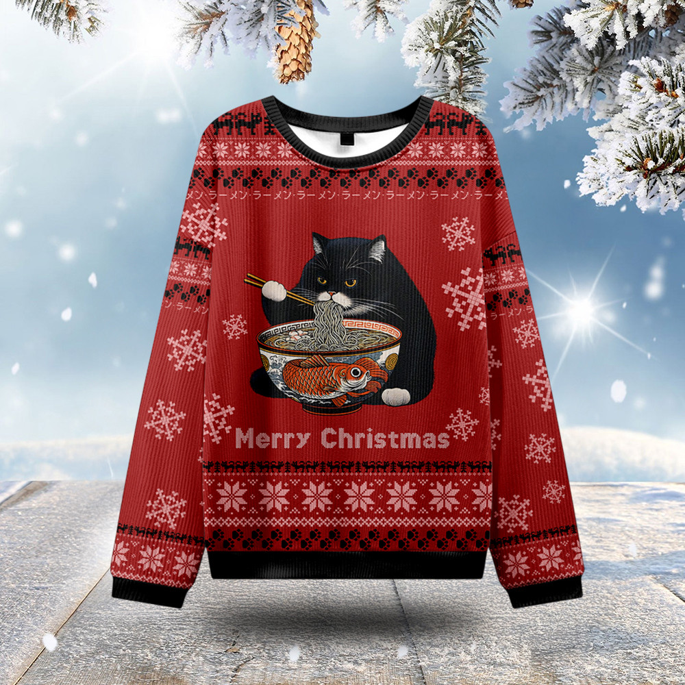 Fat Cat Eating Ramen Ugly Christmas Sweater Funny Holiday Sweaters Xmas Gifts
