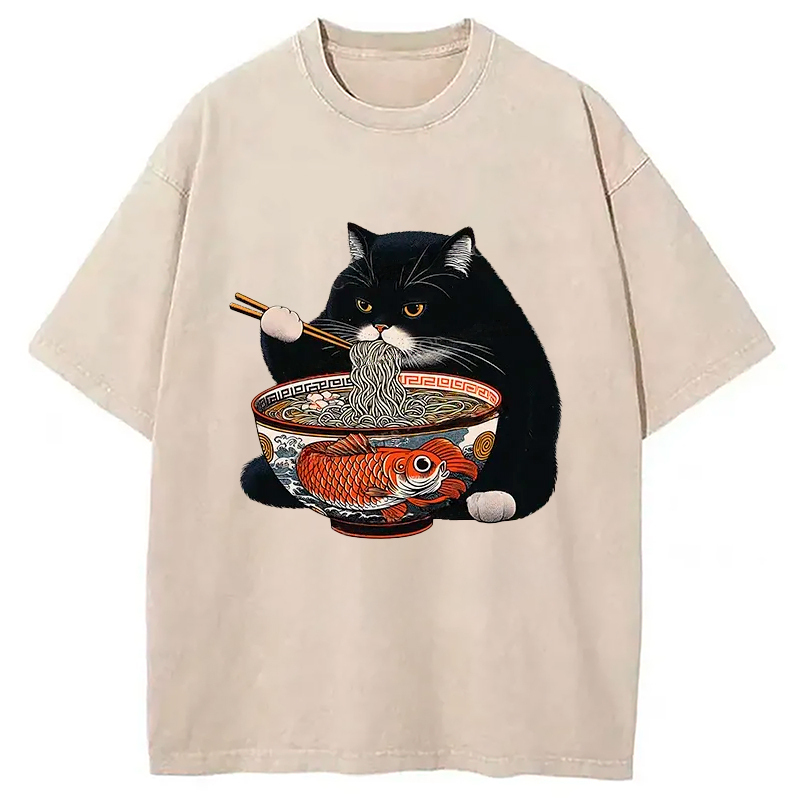Fat Cat Eating Ramen Washed T-Shirt Retro Humor Graphic Top Gifts For Best Friend