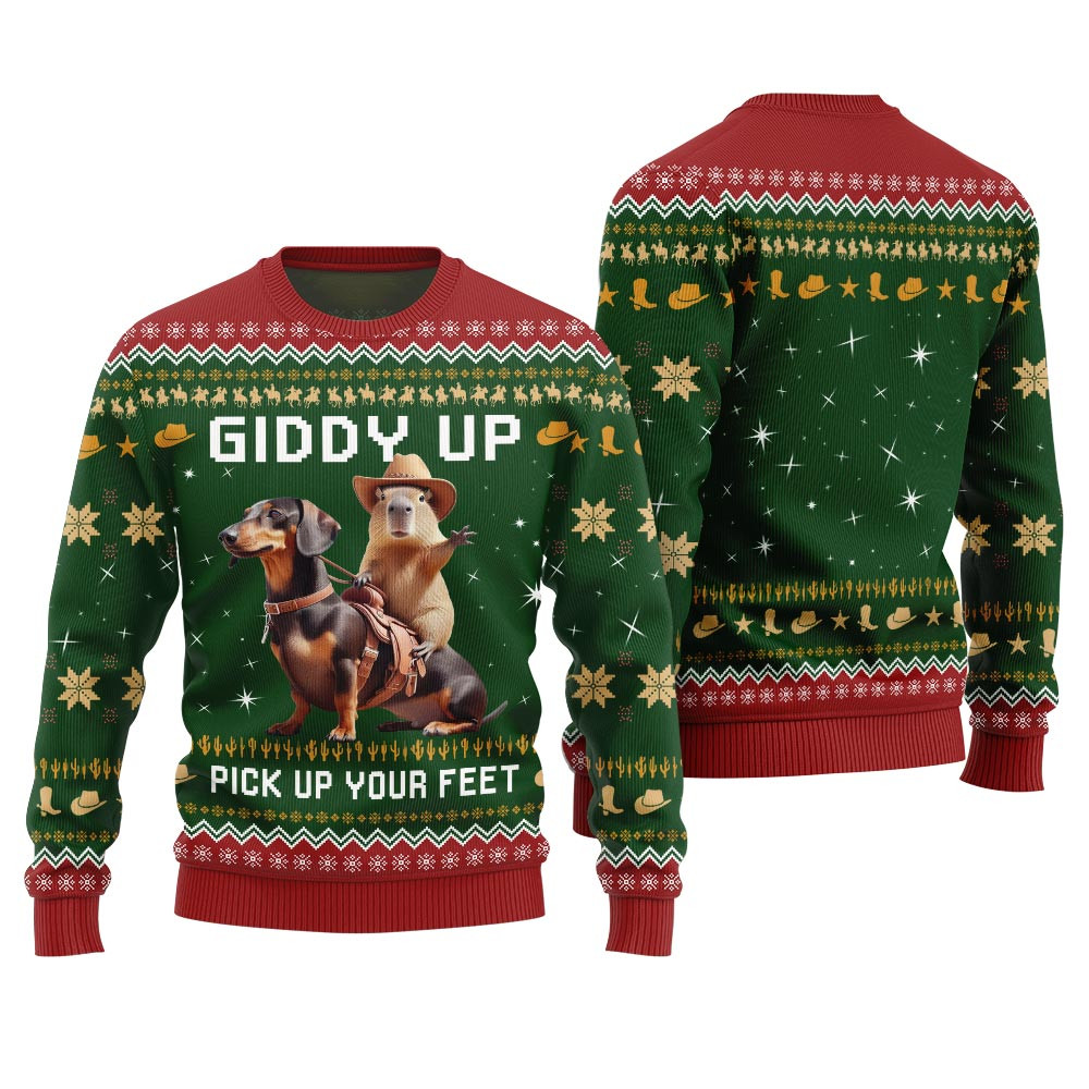Fearless Cowboy Capybara Dachshund Ugly Christmas Sweater Perfect Gift Sweater for Friends and Family