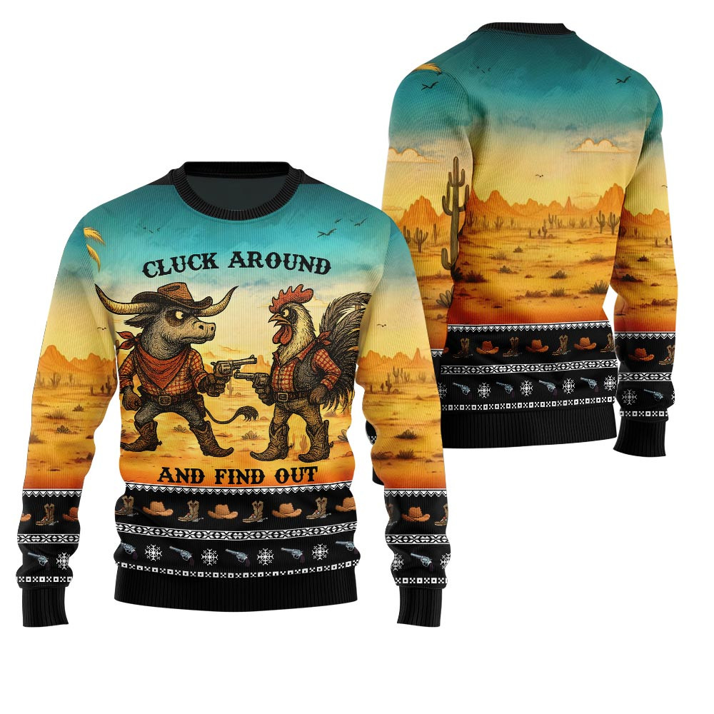 Fearless Cowboy Cow And Chicken Ugly Christmas Sweater Trendy Christmas Sweater for Winter Outfits