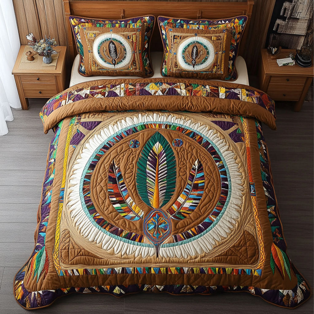 Feather Circle Quilted Bedding Set Holiday Season Duvet Cover Set Native American Themed Gifts For Her