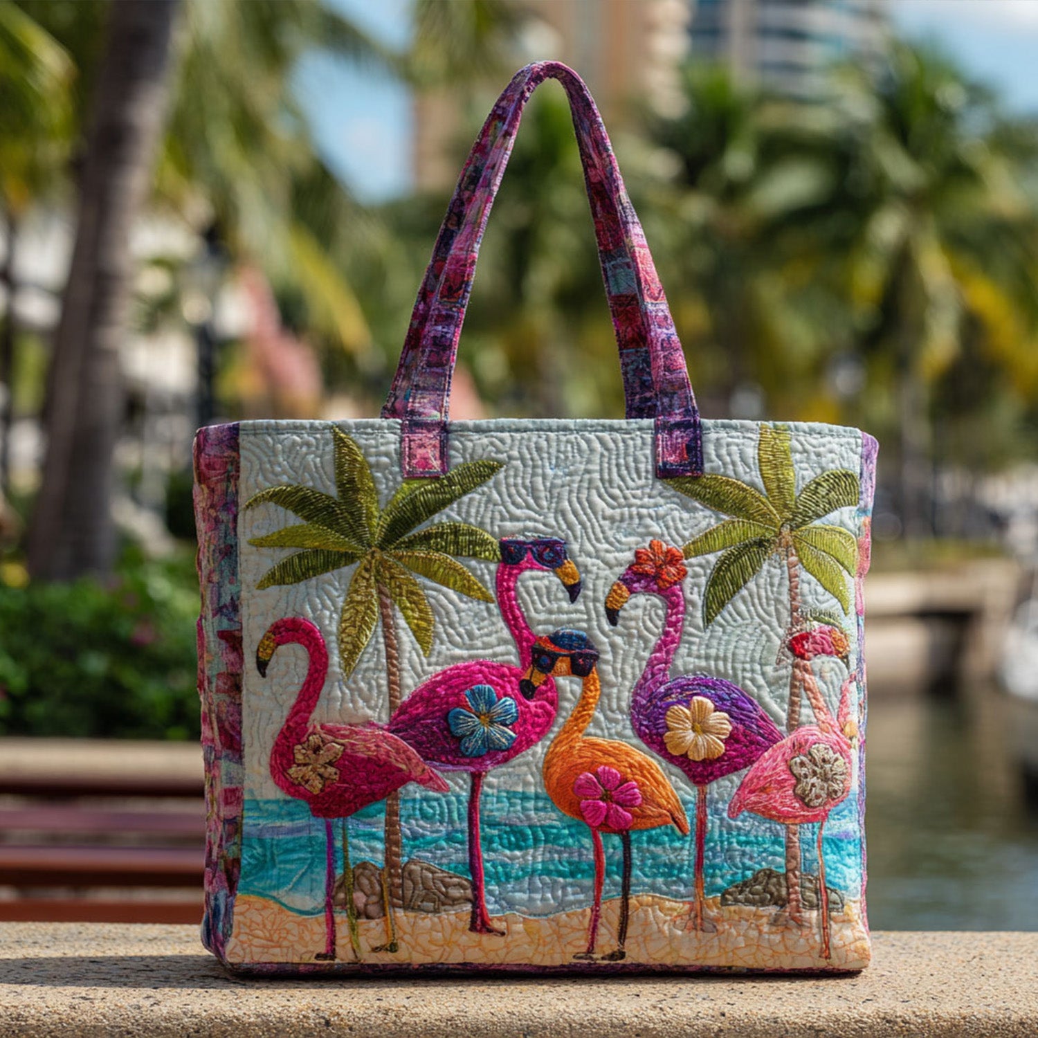 Feather Friends Quilted Tote Bag Pink Flamingo Gifts