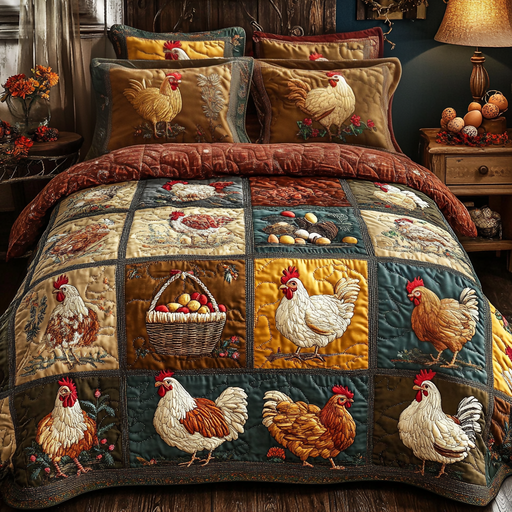 Feather Lane Quilted Bedding Set Cute Bedroom Decor Christmas Gifts For Chicken Lovers