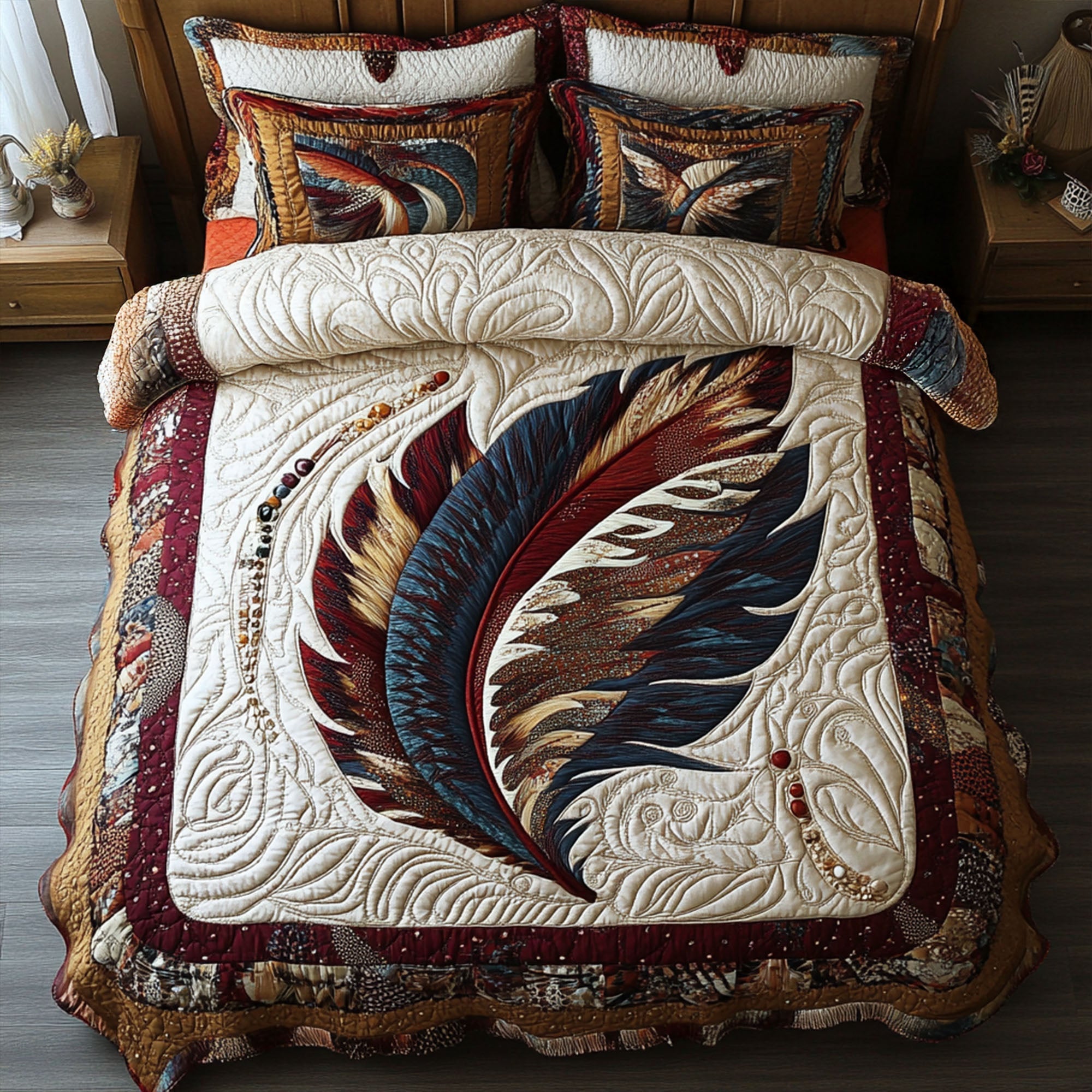 Feather Shield Quilted Bedding Set Bedspread Set Native American Mom Gifts