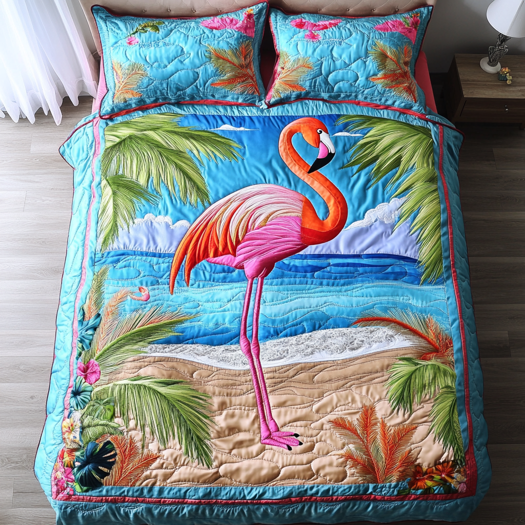 Feathered Beauty Quilted Bedding Set Cozy Bedroom Decor Unique Flamingo Presents