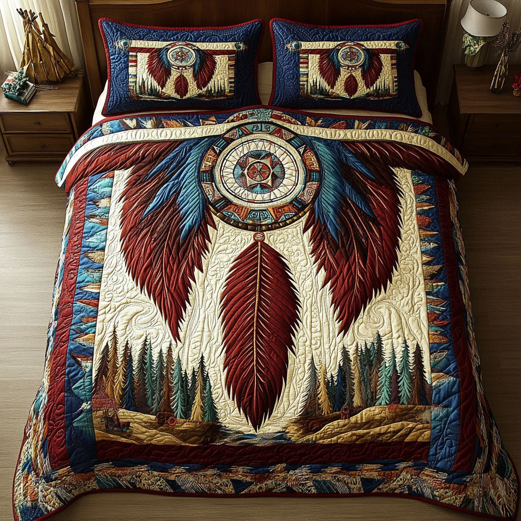 Feathered Blessing Quilted Bedding Set Aesthetic Room Decor Unique Native American Gifts For Women