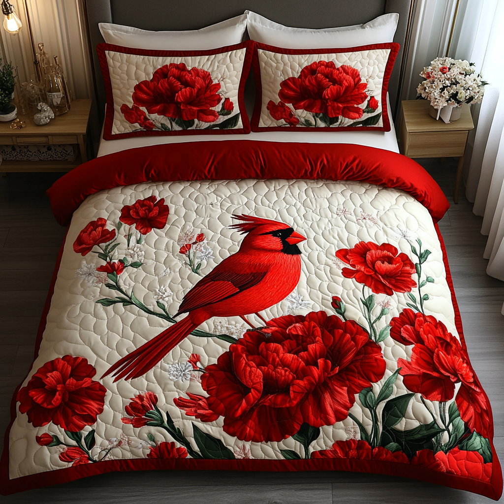 Feathered Blossom Quilted Bedding Set Unique Bed Sheet Set Cardinal Christmas Gift