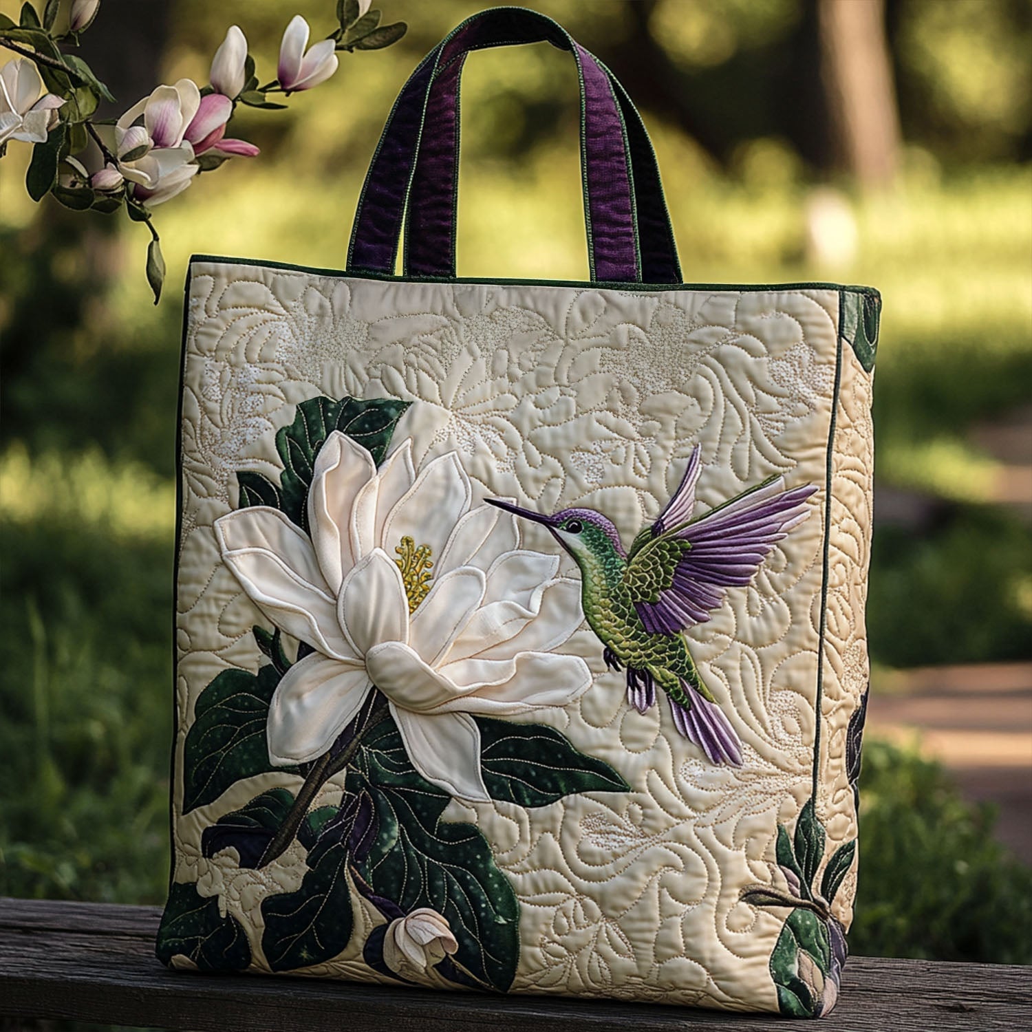Feathered Blossom Quilted Tote Bag Hummingbird Gift Ideas