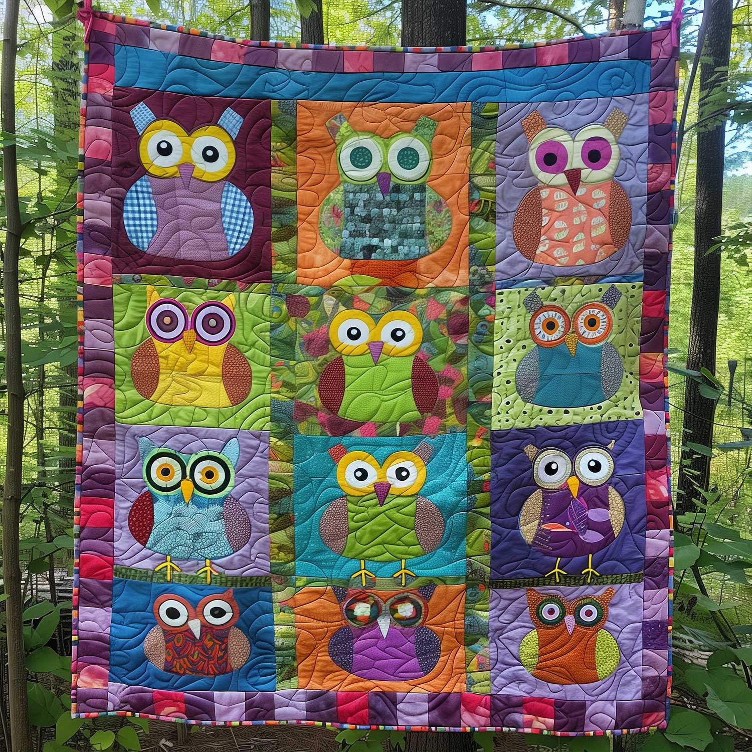 Feathered Colorful Owl Quilted Blanket Gift For Owl Lover