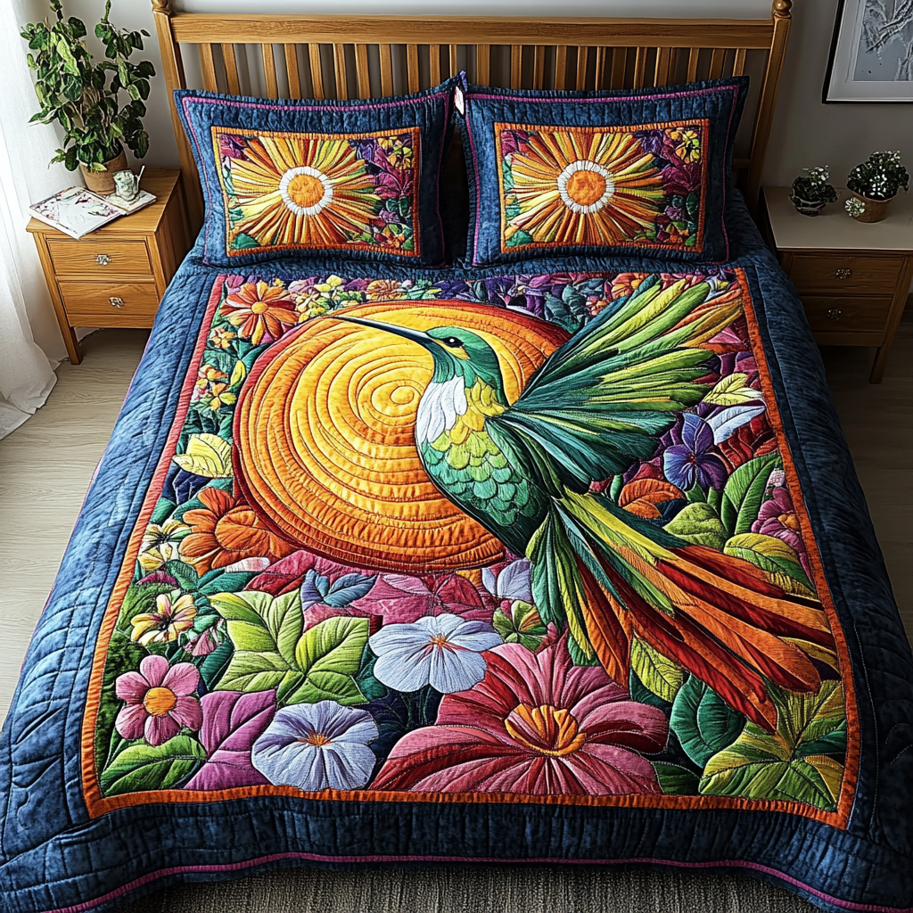 Feathered Garden Quilted Bedding Set Cute Room Decor Hummingbird Feeder Gift