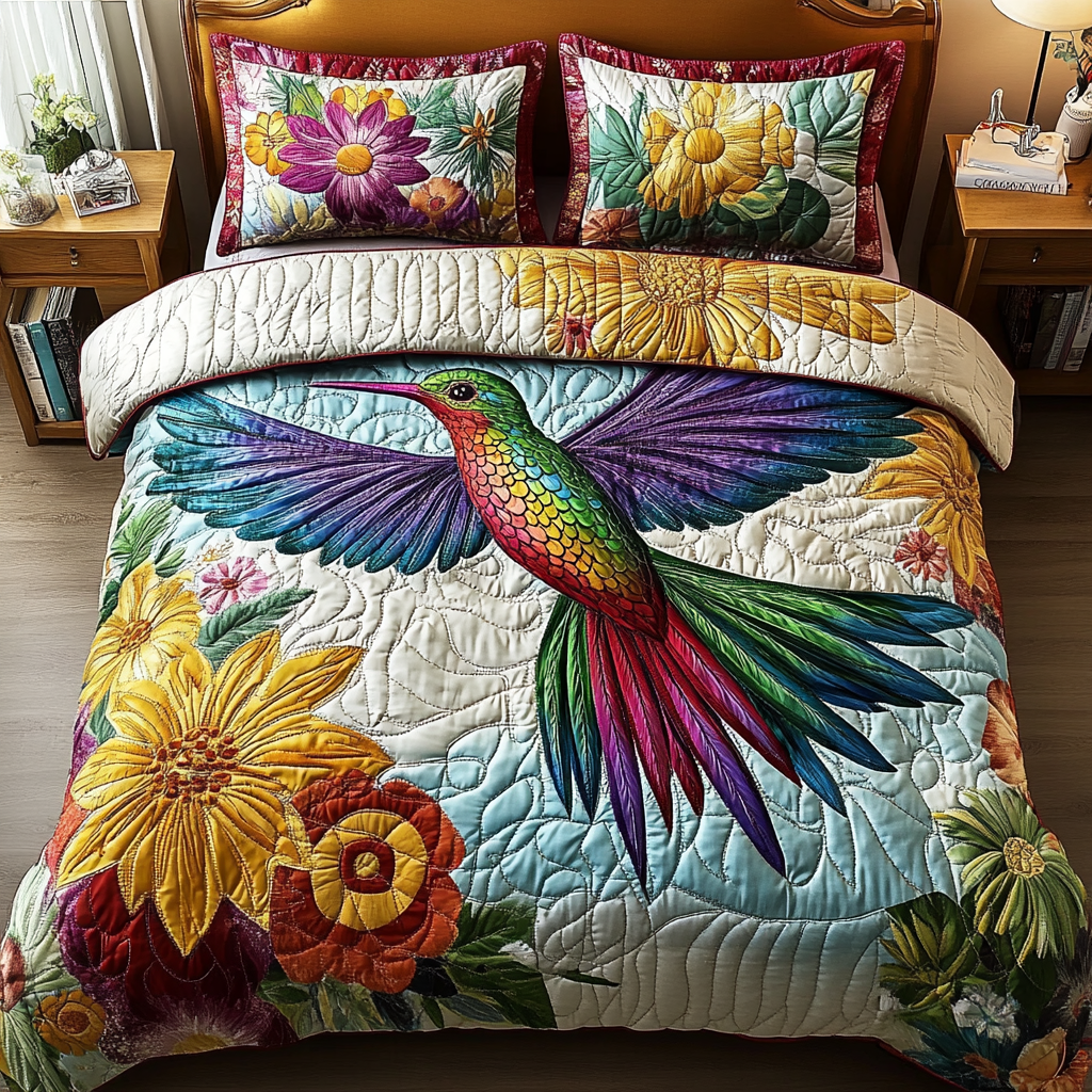 Feathered Majesty Quilted Bedding Set Bed Room Decoration Hummingbird Gifts For Ladies