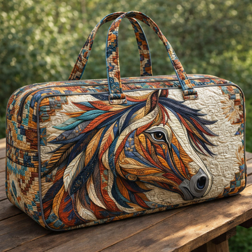 Feathered Mane Horse Quilted Duffle Bag Boho Aztec Colorful Best Gift For Horse Lovers