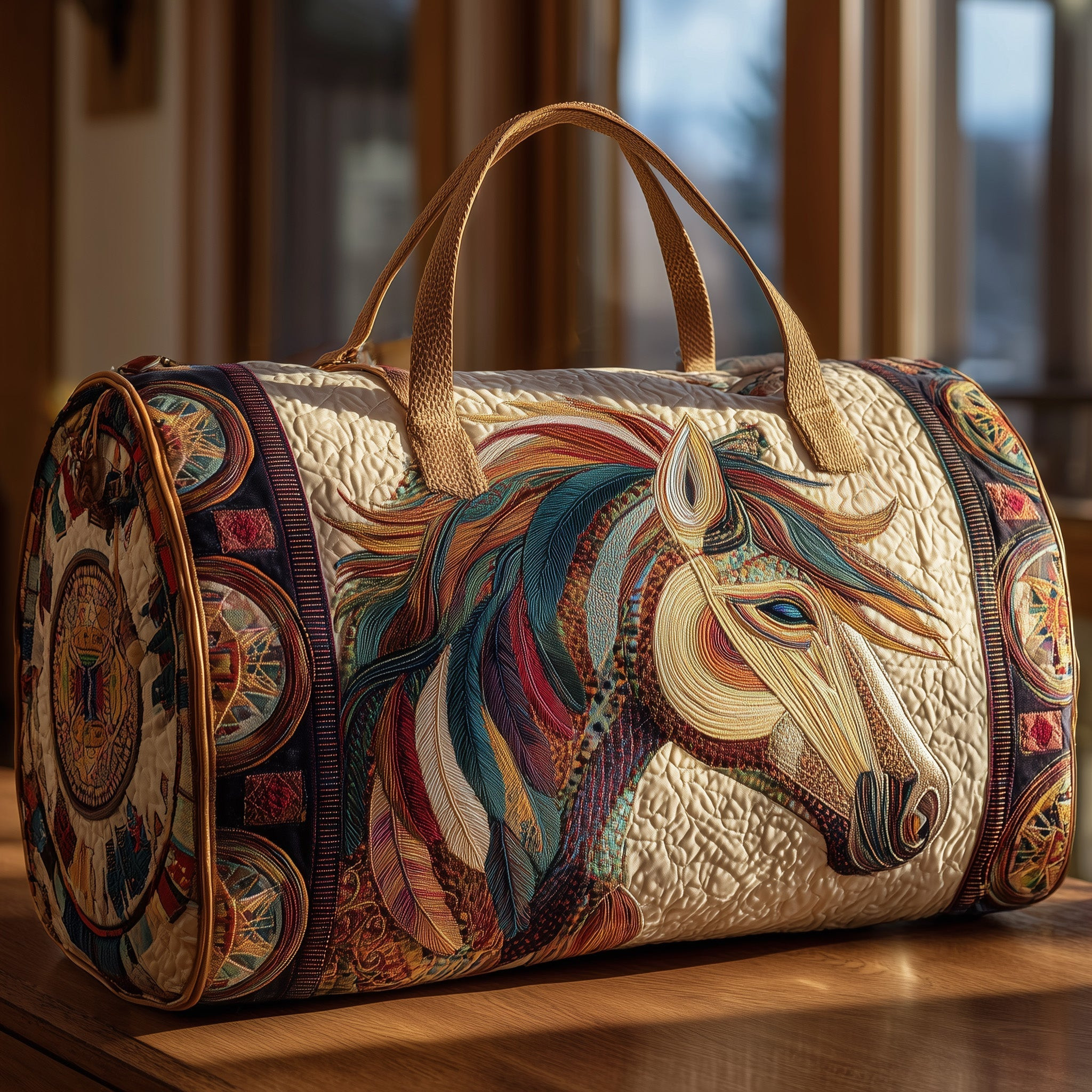 Feathered Mane Horse Quilted Duffle Bag Boho Compass Celestial Best Gift For Horse Lovers