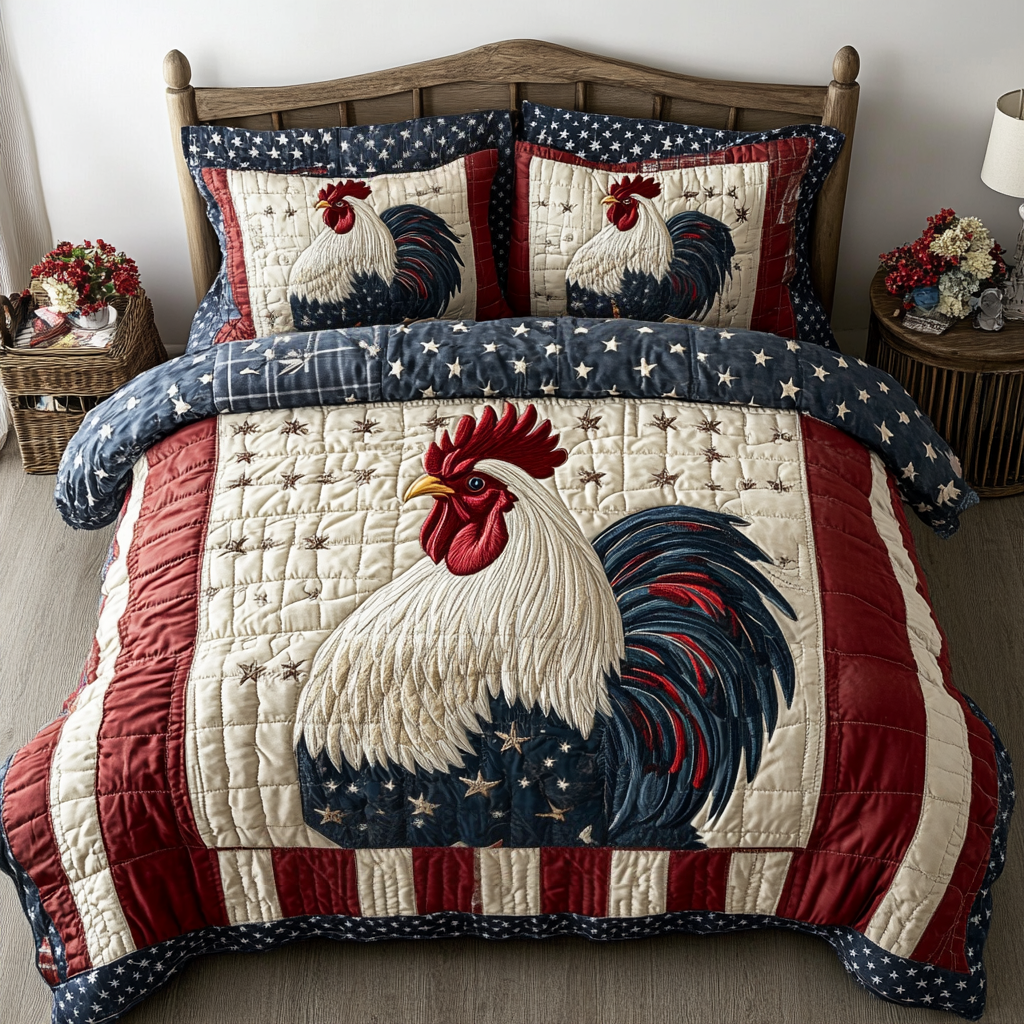 Feathered Patriot Quilted Bedding Set Bedroom Decor Gifts For Chicken Farmers