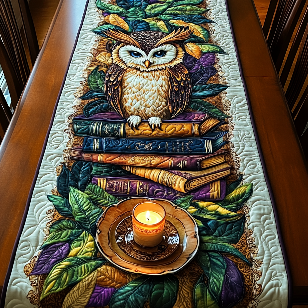 Feathered Scholar Quilted Table Runner Dining Table Decor Gift Ideas For Book Lovers