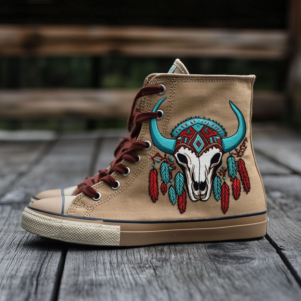 Feathered Skull Canvas High Tops Easy To Clean Merch