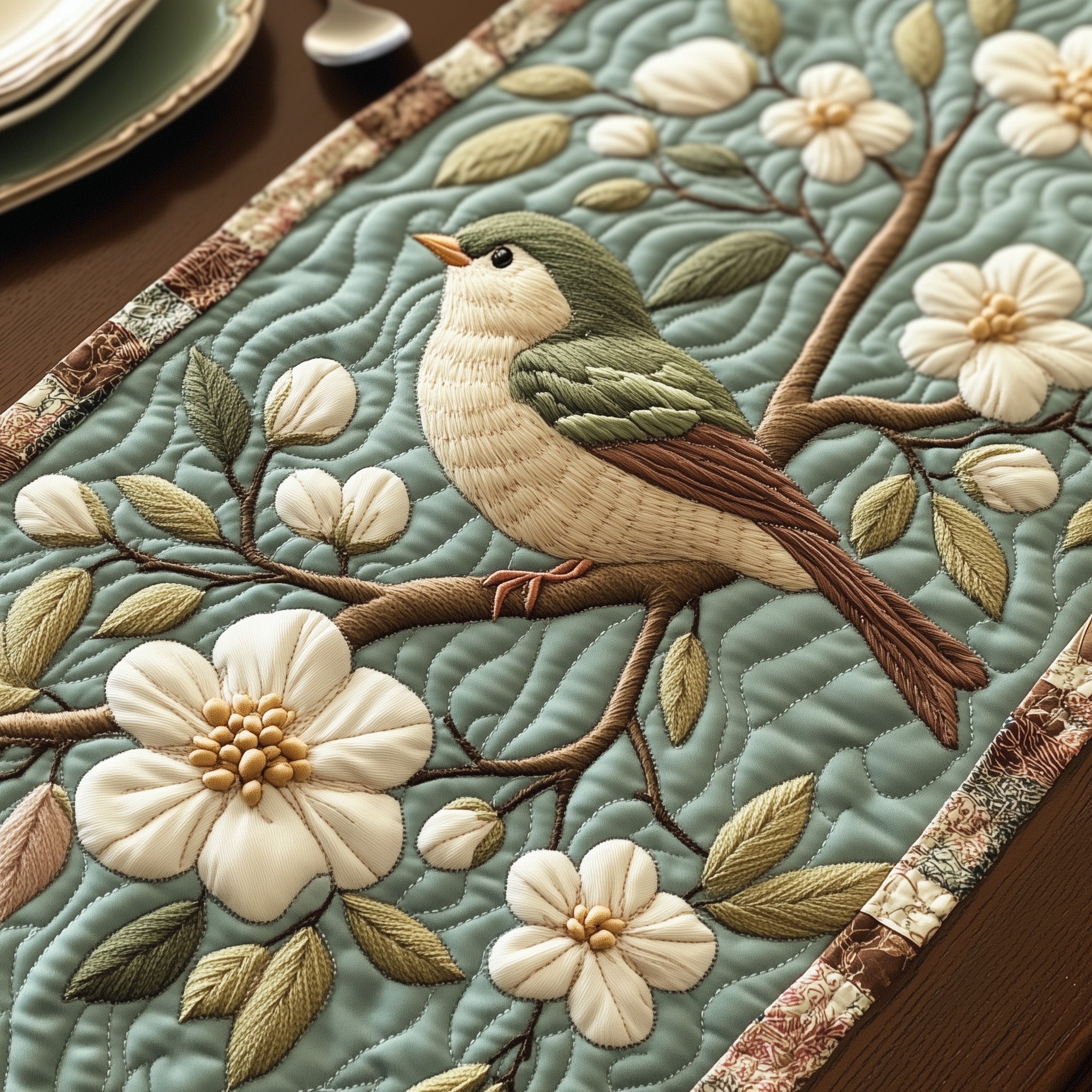 Feathers And Flowers Quilted Table Runner Christmas Table Runner for Dining Room