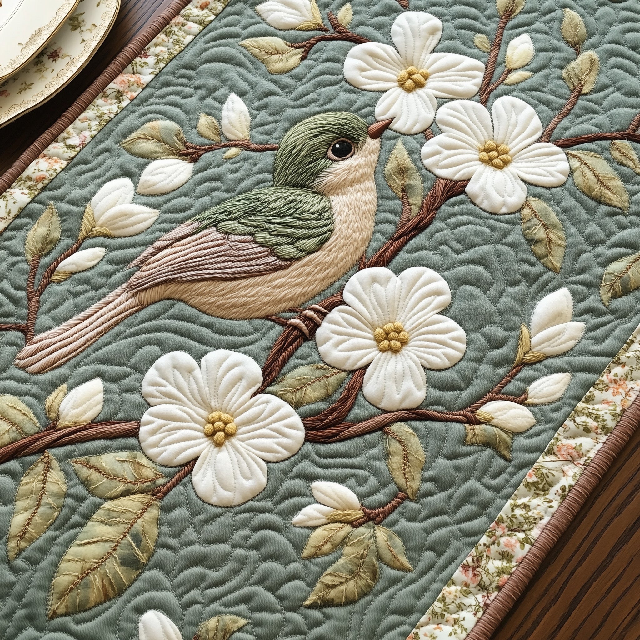 Feathers And Flowers Quilted Table Runner Holiday Dinner Table Runner