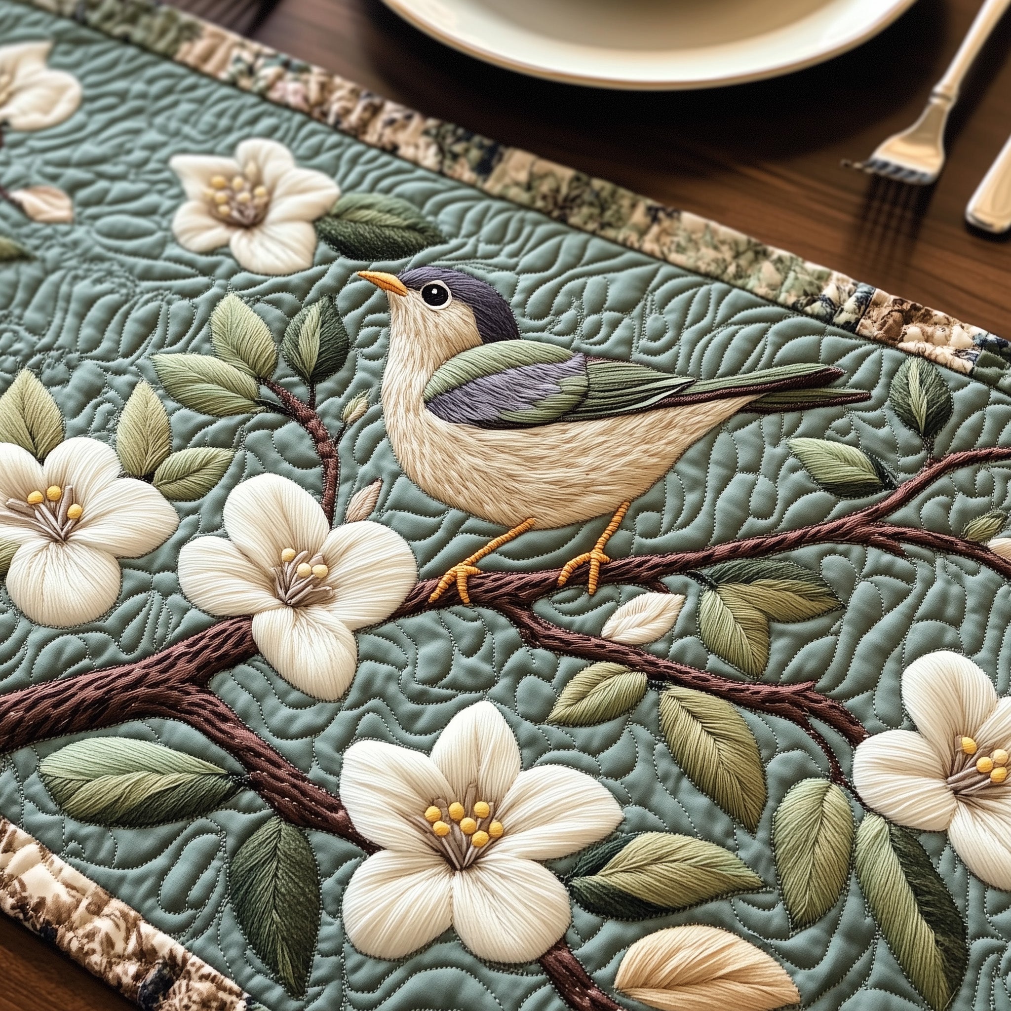 Feathers And Flowers Quilted Table Runner Holiday Party Table Runner