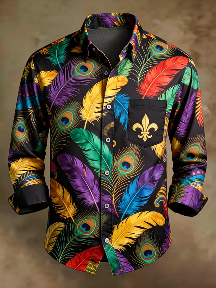 Feathers Mardi Gras Button Up Shirt Long Sleeve Fleur De Lis Holiday Shirt Mardi Gras Button Down