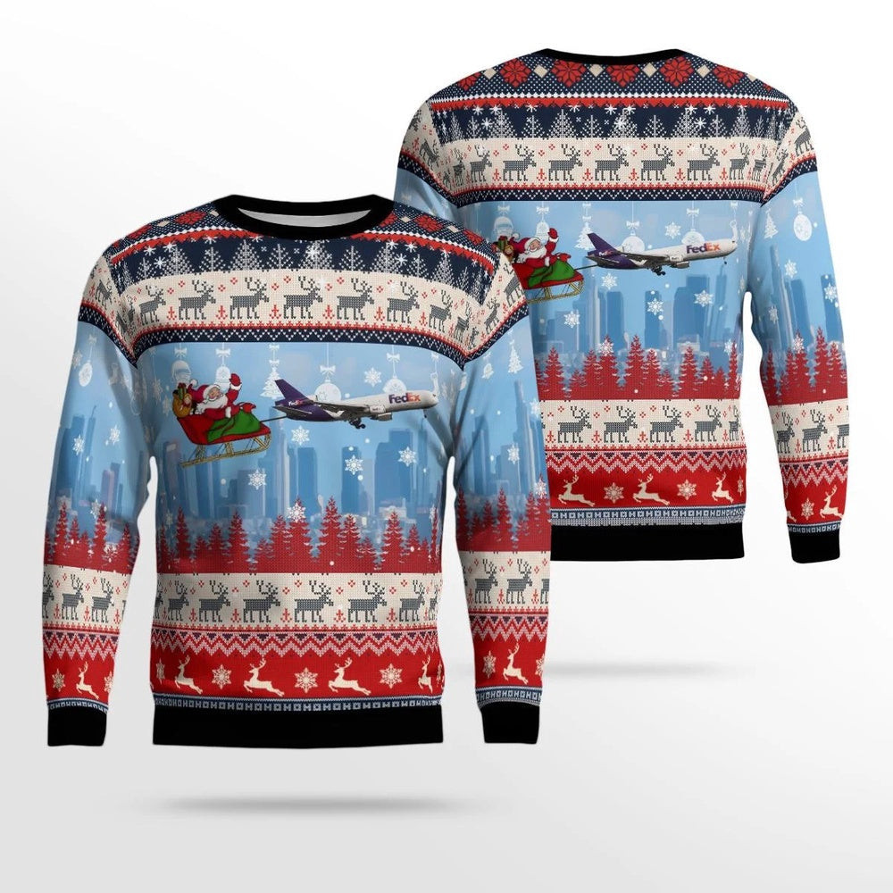 FedEx Express McDonnell Douglas Boeing MD1030F With Santa Over Memphis AOP Ugly Sweater Xmas Unisex Sweater Christmas Gifts For Men Women