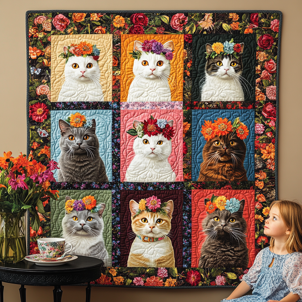 Feline Blossom Beauty Quilted Blanket Gifts For Cat Owners