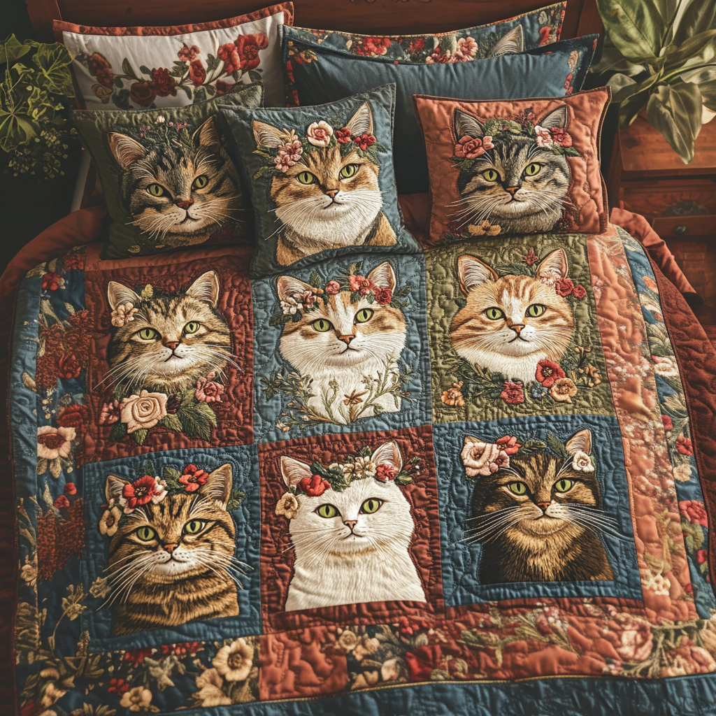 Feline Charm Quilted Bedding Set Best Bedspread Set Cool Gifts For Cat Owners