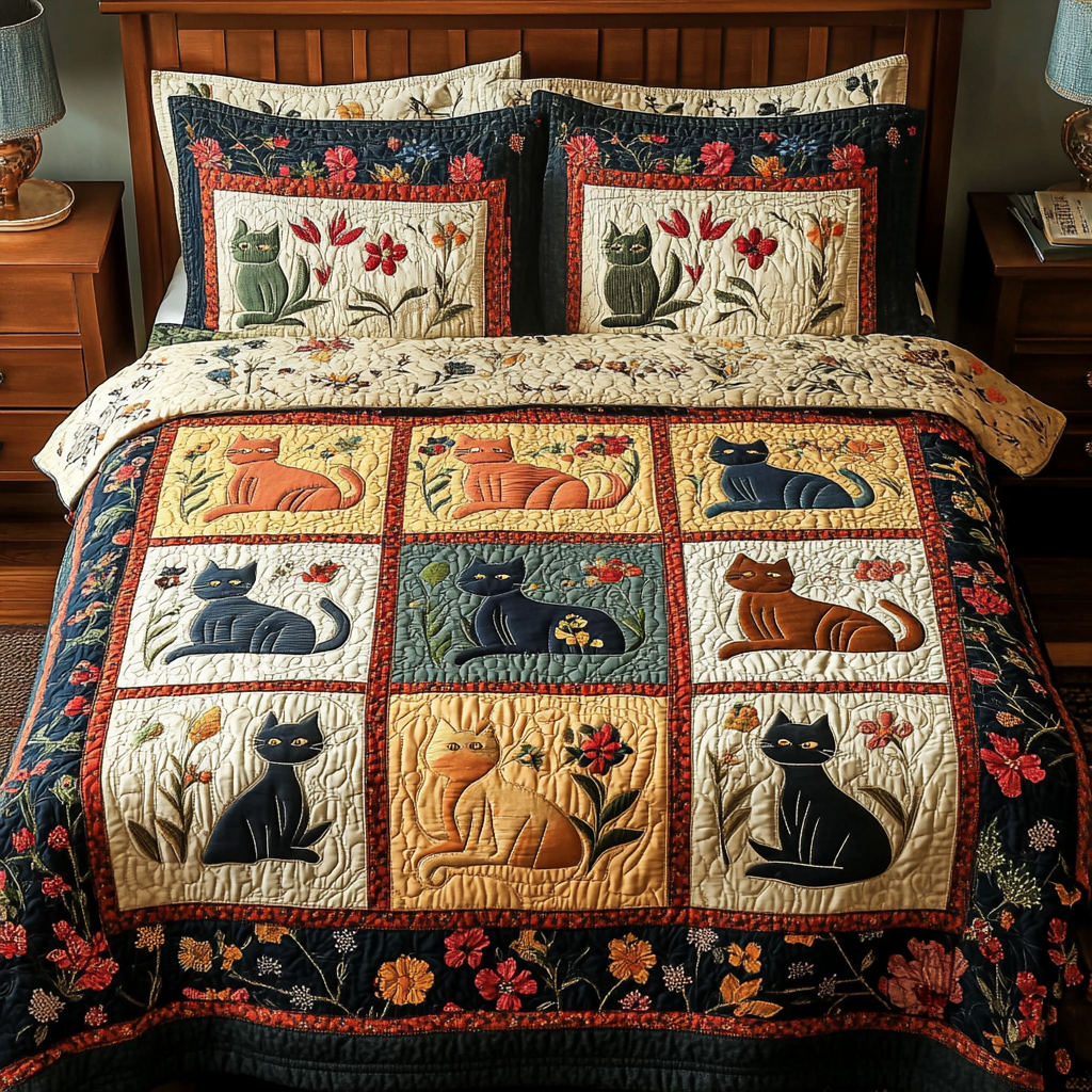 Feline Comfort Quilted Bedding Set Best Bedspread Set Cat Christmas Items