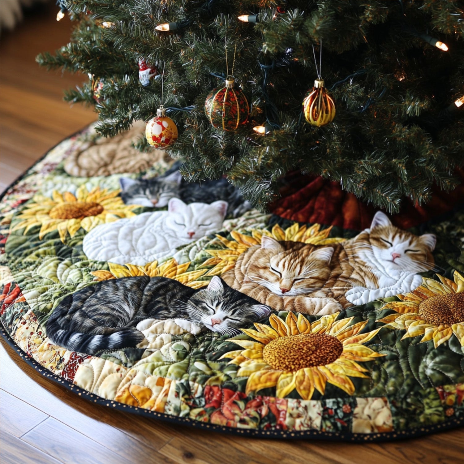 Feline Fields Quilted Christmas Tree Skirt Unique Holiday Gift Merch for Family Homes