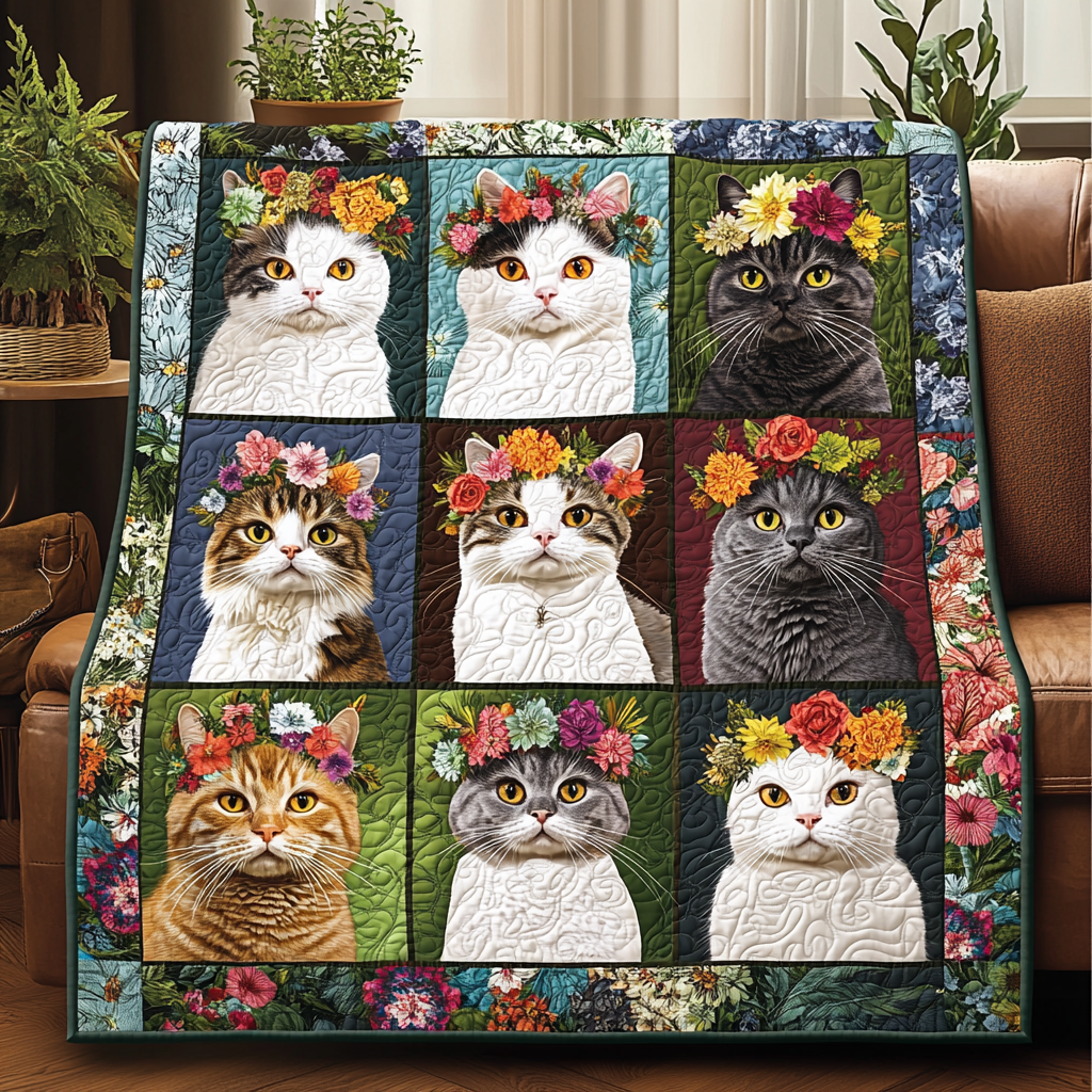 Feline Floral Fantasy Quilted Blanket Gifts For Cat Owners