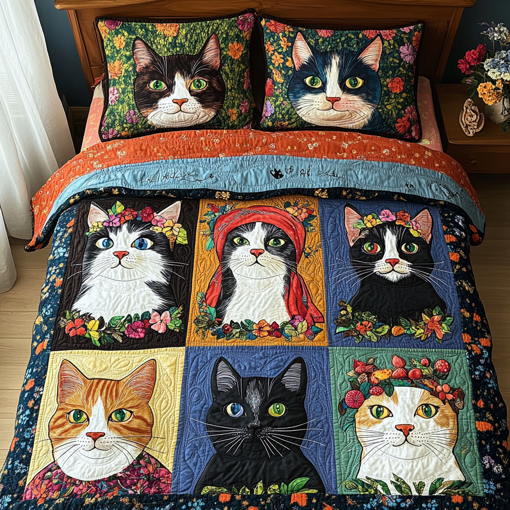Feline Frolic Quilted Bedding Set Best Bed Sheet Set Best Gifts For Cats For Christmas