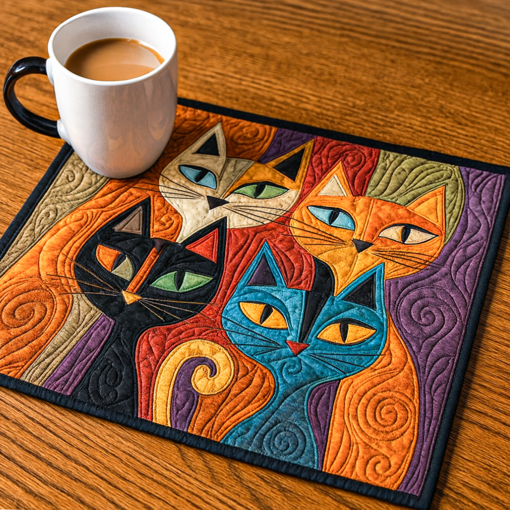 Feline Frolic Quilted Placemat Modern Holiday Decor Cat Xmas Gifts