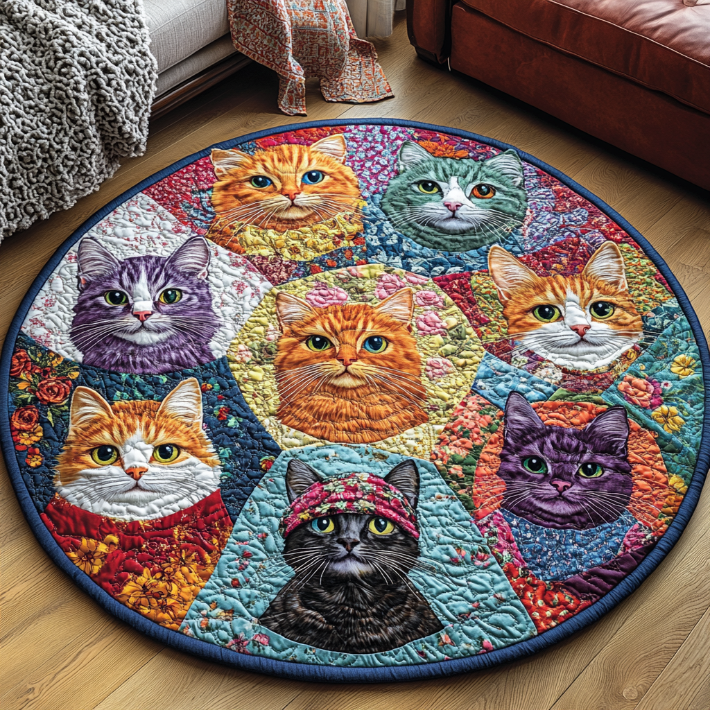 Feline Frolic Quilted Round Mat Unique Front Door Decor Cat Dad Christmas Gifts